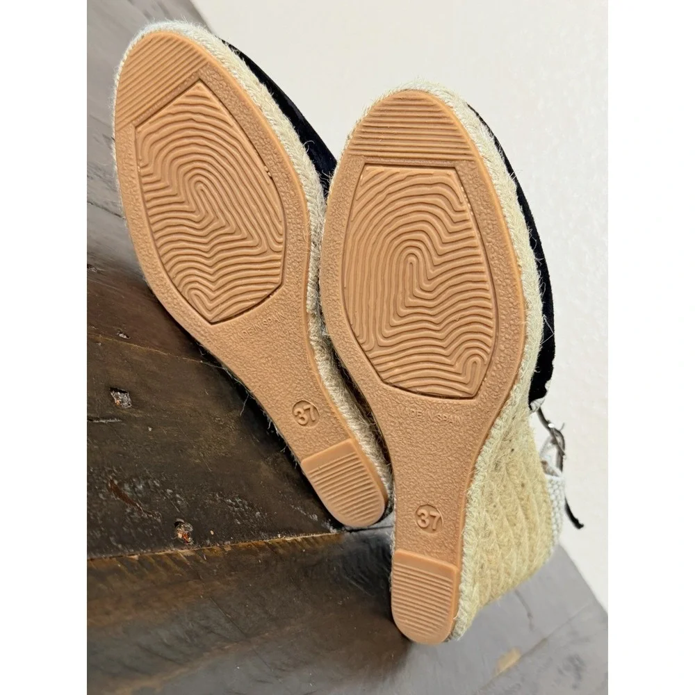 Apaseart Women's Black Suede Leather Espadrille Wedge Ankle Strap Shoes EU 37